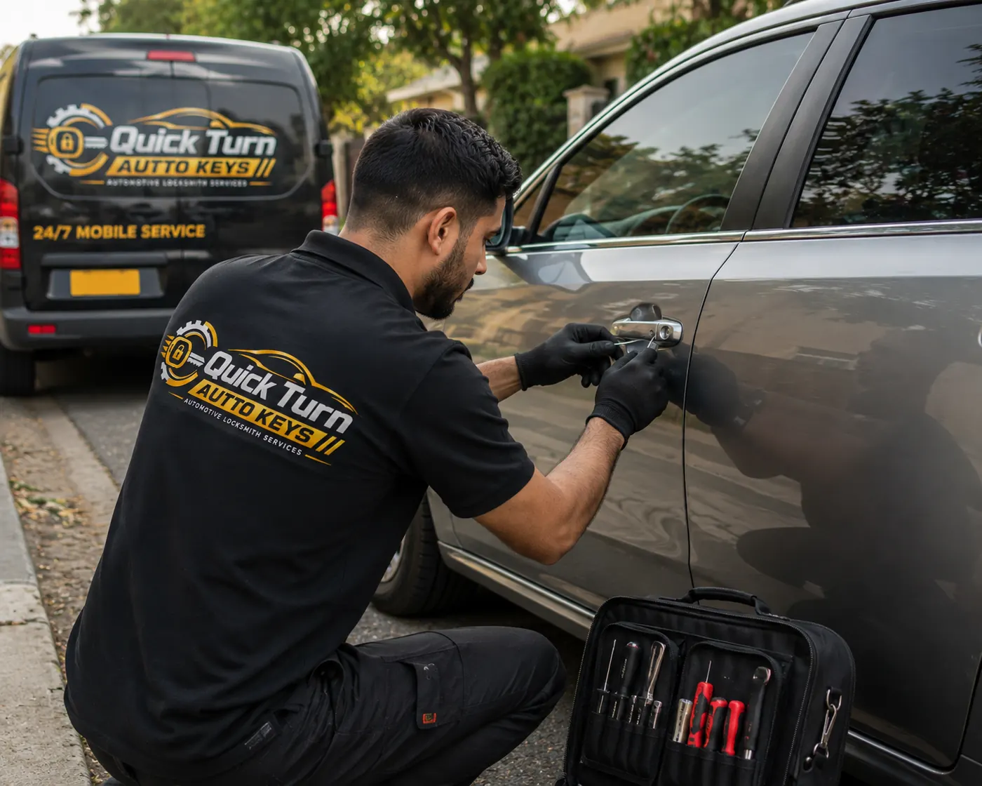 Locksmith assisting with emergency car lockout